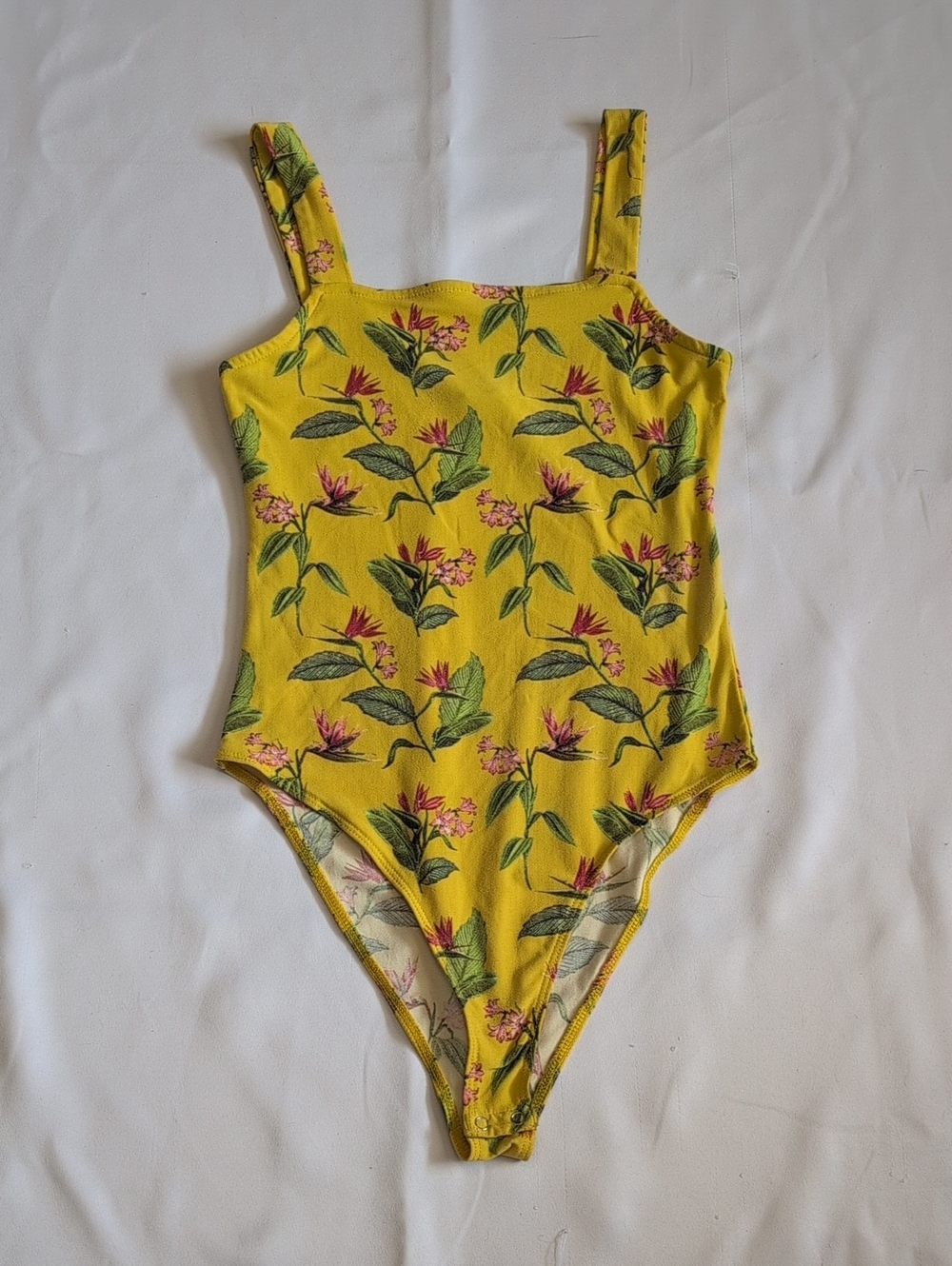 Forever 21 Yellow Floral Square Neck Bodysuit
